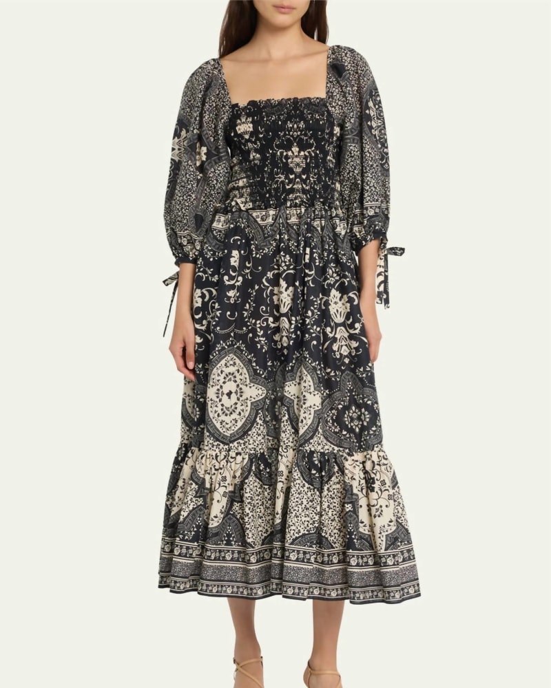 Front of a model wearing a size L Jazzy Dress in Black Scroll Terrace in Black Scroll Terrace by Cara Cara. | dia_product_style_image_id:334728